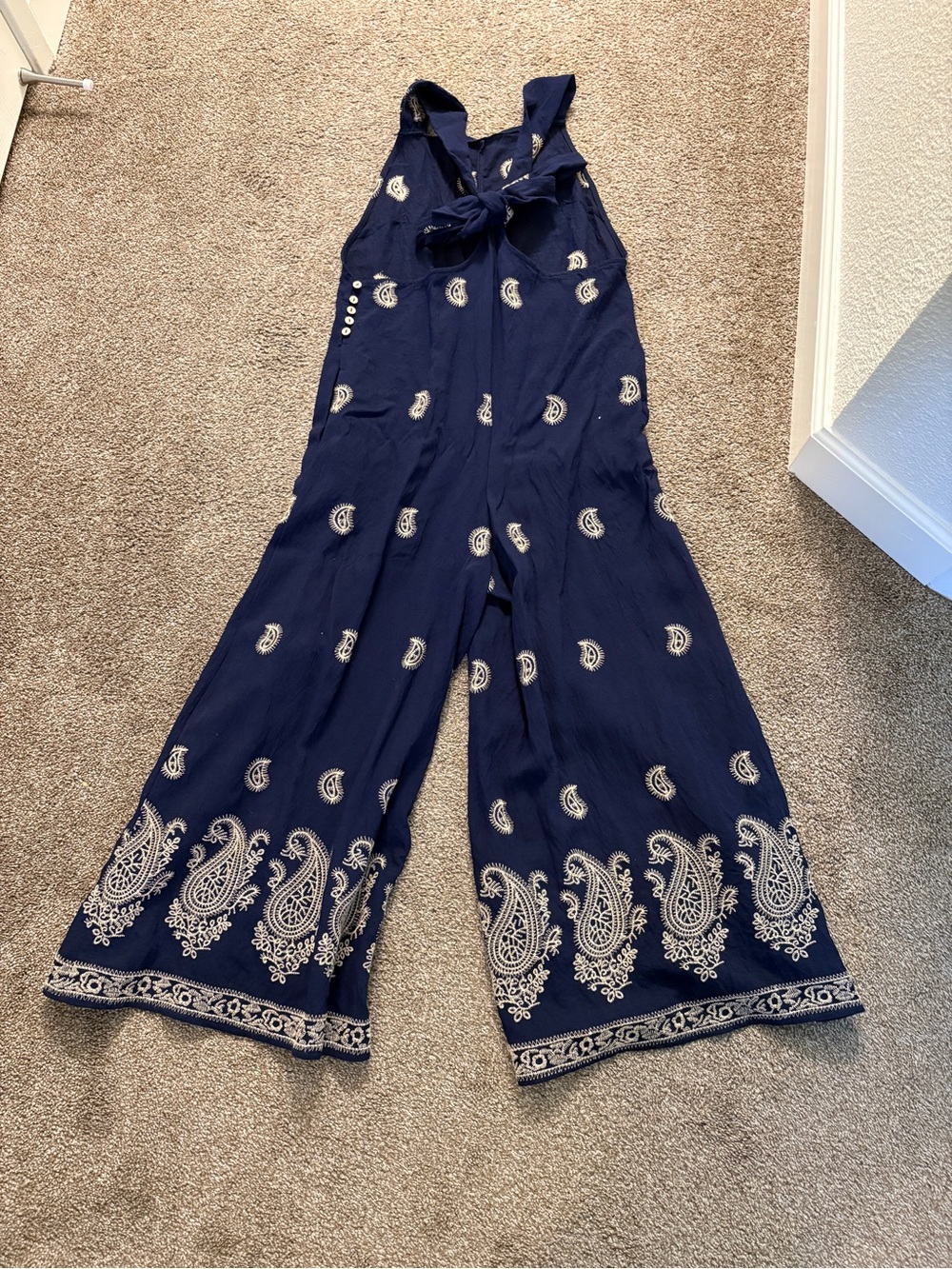 Navy Paisley Tie-Neck Wide-Leg Jumpsuit